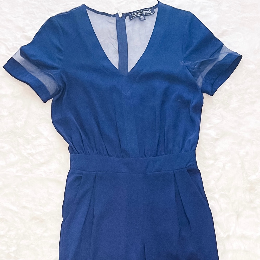 NAVY JUMPSUIT V NECK SHEER SLEEVES AND BACK